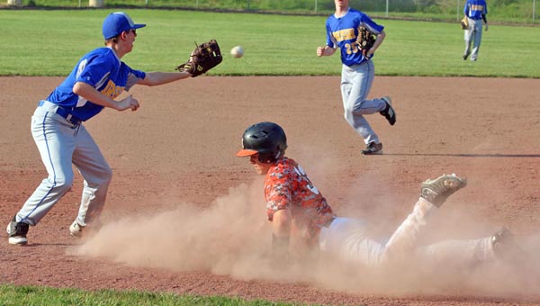 Ironton Fighting Tigers’ Luke Kelley slides safely into second base during the third inning of Wednesday’s game against the Huntington St. Joseph Irish. Ironton rolled to a 14-1 win in five innings. ( Kent Sanborn of Southern Ohio Sports Photos)
