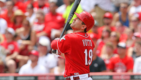 CIncinnati Reds’ first baseman Joey Votto watches the flight of the baseball. Votto hit a two-run homer on Saturday for his ninth home run of the season. The Reds rallied in the eighth inning to beat the Washington Nationals 8-5. (Photo Courtesy of The Cincinnati Reds)