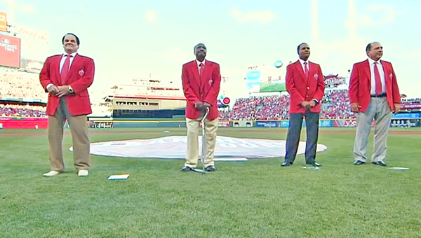 Cincinnati honored the Franchise Four — the top four players of each Major League Baseball franchise as voted on by the fans — prior to Tuesday’s All-Star Game. The top four Reds’ players of all-time were, left to right, Pete Rose, Joe Morgan, Barry Larkin and Johnny Bench. Bench was named to the four greatest living players along with Hank Aaron, Willie Mays and Sandy Koufax. (Courtesy of The Cincinnati Reds.com)