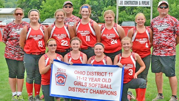 The Rock Hill 11-12-year-old Little League All-Star softball team won the District 11 championship and will play Elyria East at 10 a.m. Saturday in the state tournament at the Northwest Little League. Team members are: front row from left to right, Shaylee Clutters, Gracie Dalton, Kaleigh Russell and Keilie Adams; second row from left to right, Rileigh Morris, Kylee Howard, Natalie Fields, Makenzie Hanshaw and Kierston Smith; third row from left to right, coaches Julie Adams, Josh Fields and James Smith. (ROBERT S. STEVENS & THE GOLD STUDIO OF IRONTON)