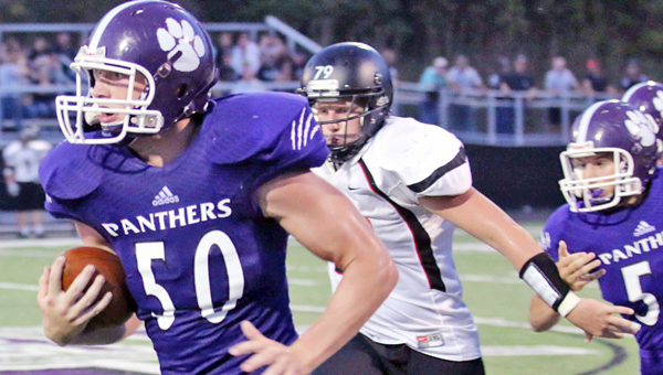 Chesapeake Panthers’ linebacker Brad Meadows returned an interception for a touchdown during a 54-6 rout of the Warren Warriors on Saturday night. (Tim Gearhart of Tim’s News & Novelties, Park Ave. in Ironton)