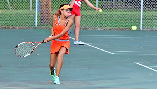 Ironton Lady Fighting Tigers’ junior tennis player Aleigha Justice won her No. 1 singles match on Tuesday at Wheelersburg to finish the regular season with an unbeaten 10-0 record. Ironton lost the match 3-2. (Kent Sanborn of Southern Ohio Sports Photos)