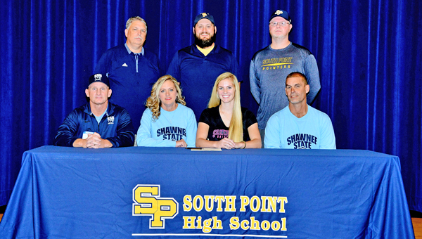 South Point Lady Pointers’ senior shortstop Haley Rawlins signed a letter-of-intent on Friday to play softball at Shawnee State University. Attending the ceremony were: seat left to right, Shawnee State head coach Steve Whittaker, mother Cheryl Rawlins, Haley and father Eric Rawlins; standing from left to right, athletic director Dave Adams, South Point head coach Tanner Heaberlin and assistant coach Mark Winkler. (Kent Sanborn of Southern Ohio Sports Photos)