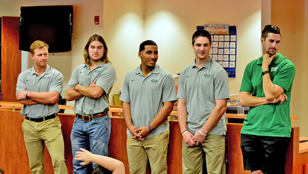 Marshall Thundering Herd baseball players visited the Ironton Elementary School on Friday to speak about the importance of getting an education. From left to right, Aaron Bossi, Sam Finfer, Brandon Romero, Heston Van Fleet and assistant pitching coach and director of player development Heath Storey. (Kent Sanborn of Southern Ohio Sports Photos)
