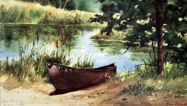 A watercolor piece by Steele titled "Sandy's Boat" currently on display at the Ironton Briggs Library.