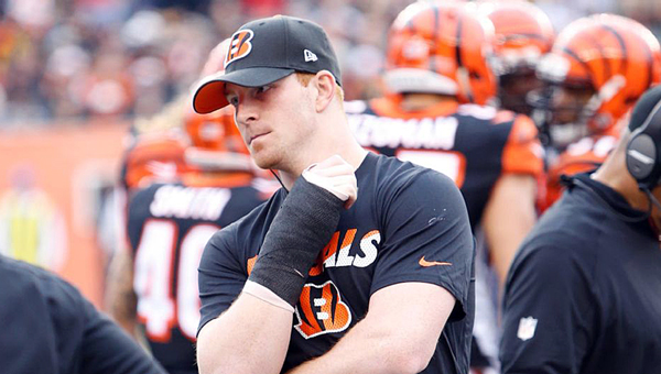 Cincinnati Bengals’ quarterback Andy Dalton watches Sunday’s game from the sidelines after suffering a broken thumb in a 33-20 loss to the Pittsburgh Steelers. (Photo Courtesy of The Cincinnati Bengals.com)