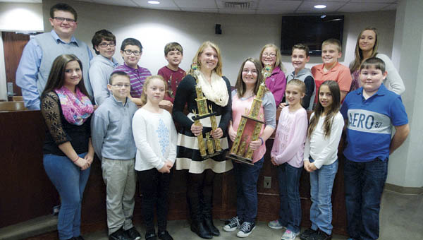 Lawrence County spelling bee participants. Holli Leep (front left) was the second place winner, while Emily Neal (front right) took first.
