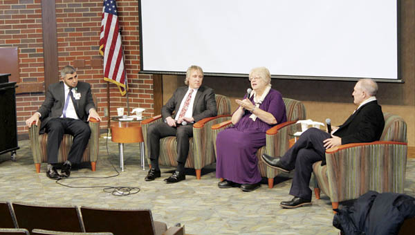 Dr. Ahmad Nusair, associate professor of medicine at Marshall University, Dr. Deron Newman, instructor at Morehead State University, the Rev. Jan Williams, retired Presbyterian pastor and moderator Dr. Charles Jarrett speak Tuesday afternoon at an interfaith dialogue at Ohio University Southern.