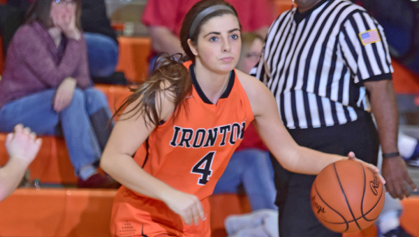 Ironton Lady Fighting Tigers' Jordan Hannan (4) brings the ball up the court. Ironton beat South Point 63-37 on Monday while Fairland was upset by Gallipolis to give the Lady Tigers the Ohio Valley Conference title outright. (Kent Sanborn of Southern Ohio Sports Photos.com)
