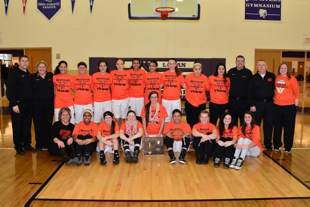 The Ironton Lady Fighting Tigers pose for a team picture after winning the Division III Regional Championship. The Lady Fighting Tigers defeated the West Lafayette Ridgewood Lady Generals 46-43 and will move on to the OHSAA Division III State Tournament.