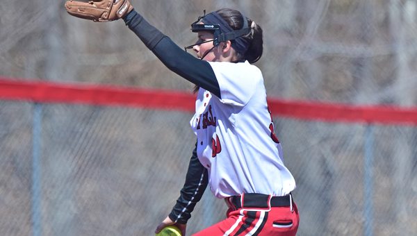 Rock Hill Redwomen senior pitcher Jill Hairston hurled a pair of one-hitters to open the season during Saturday’s Queen of the Hill softball classic. (Kent Sanborn of Southern Ohio Sports Photos)