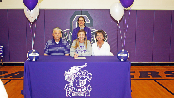 Chesapeake Lady Panthers’ senior volleyball standout Carley Lester signed a letter-of-intent Thursday to play at Bluffton University. Attending the signing ceremony were: seated left to right, father Kent Lester, Carley, and mother Sandy Lester; standing is Lady Panthers’ coach Rebecca Cremeans. (Photo Submitted)