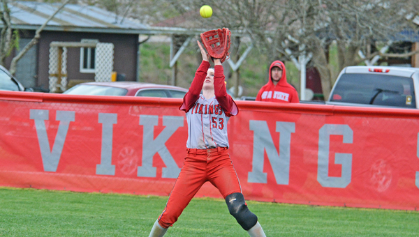 Symmes Valley Lady Vikings’ outfielder Taylor Webb hauls in a catch for an out during an 11-1 win Monday. (Robert S. Stevens & The Gold Studio of Ironton)