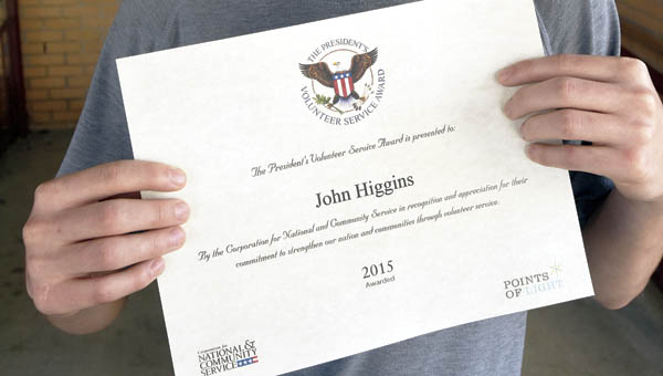 A presidential certificate awarded to Symmes Valley High School freshman Josh Higgins for his work with the Lawrence County Historical Society