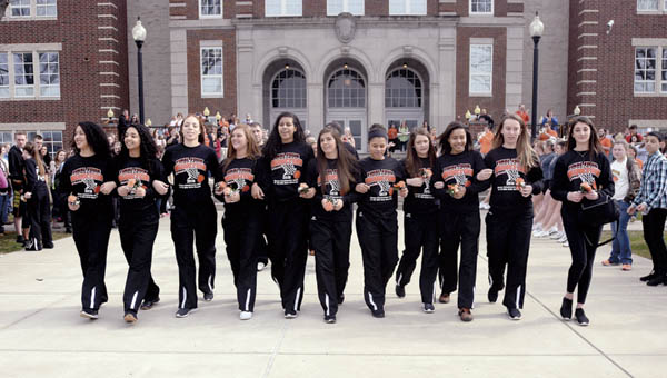 The Ironton Lady Fighting Tigers basketball team is given a send-off Wednesday morning outside of Ironton High School. The Lady Tigers will face off against the Columbus Africentric Lady Nubians today.