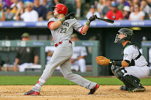 Cincinnati Reds’ Adam Duvall (23) hits a two-run homer in the fourth inning of Monday’s 11-8 win over the Colorado Rockies. Duvall also hit a solo home run in the ninth inning as the Reds belted five round-trippers in the win. (Photo Courtesy of The Cincinnati Reds.com/Justin Edmonds/Getty Images )