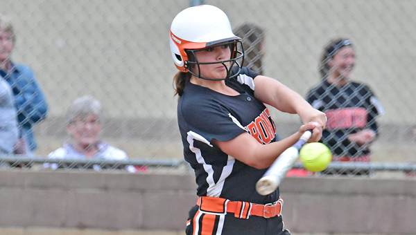 Ironton Lady Fighting Tigers’ first baseman Katie Burcham connects for a double during Monday’s Ohio Valley Conference game. Ironton beat Portsmouth 4-3. (Kent Sanborn of Southern Ohio Sports Photos)