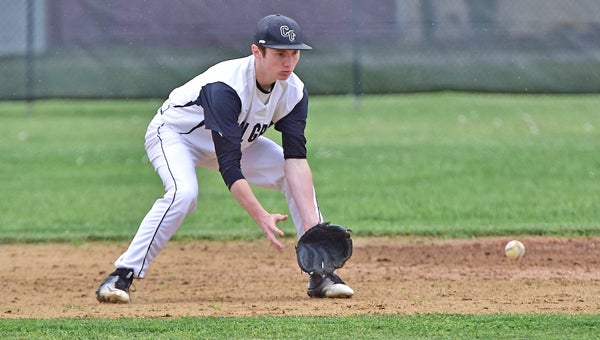 Coal Grove Hornets’ second baseman Dylan Malone gets ready to field a ground ball. Malone was part of a key defensive play by Sam Angelo that helped beat the Nelsonville-York Buckeyes 9-5 in nine innings on Sunday in the Division III sectional tournament finals. (Kent Sanborn of Southern Ohio Sports Photos)