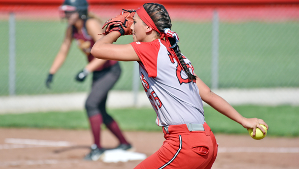 Symmes Valley Lady Vikings’ Kaitlyn Payne pitches a three-hitter during Thursday’s Division IV sectional final tournament game. The Lady VIkings routed Federal Hocking 15-0 in five innings to earn a trip to the district semifinals. (Robert S. Stevens of The Gold Studio in Ironton)