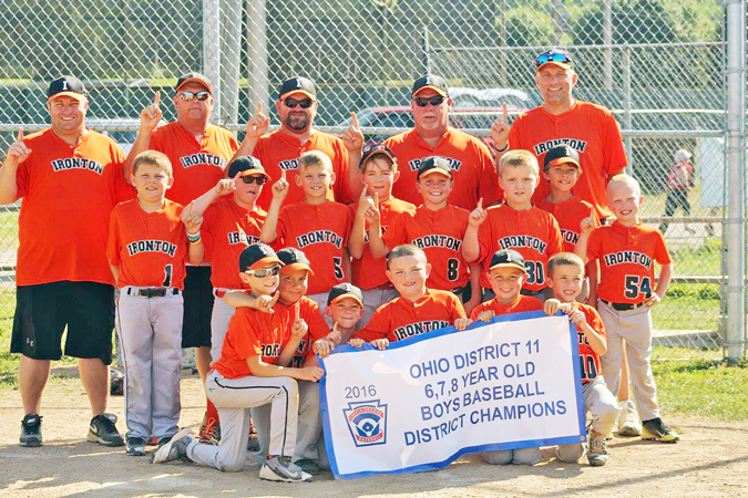 The Ironton 6-7-8-year-old All-Stars won the District 11 championship. Team members are: front row from left to right, Aiden Hankins, Jase Williams, Mason Weber, Carter Bridges, Jacob Hughes and Blake Medinger; second row left to right, Dawson Philyaw, Carson Akers, Callin Cox, Nixon Snavely, Brycen Mullins, Braiden Linn, Ashton Layne and Tyson Harvey; third row from left to right, coaches Nick Medinger, Jim Dean and Chad Bridges, manager Johnny Hughes and coach Jason Philyaw. (Photo Submitted)