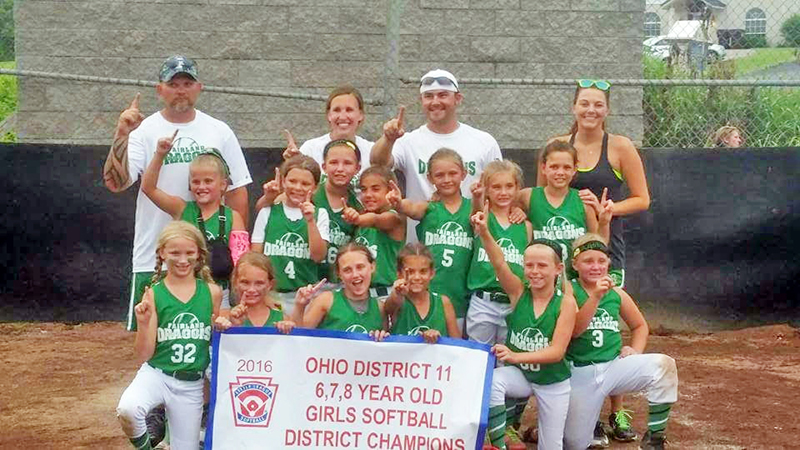 The Fairland Little League 6-7-8-year-old softball all-stars won the District 11 championship on June 15. Team members are: front row from left to right, Bailey Russell, Teagan Leep, Ally Shephard, Cheyenne Davidson, Emily Board and Raylenne Chapman; second row from left to right, MacKenzie Waugh, Katie DeHart, Jordan Spencer, Jolee Jerrell, Miley Steward, Aubrey Hayes and Addison Godby; third row from left to right, coaches Dave Waugh, Nikki Hayes, Mark Hayes and Brooke DeMoya. (Photo Submitted by Kriste Edmonds)