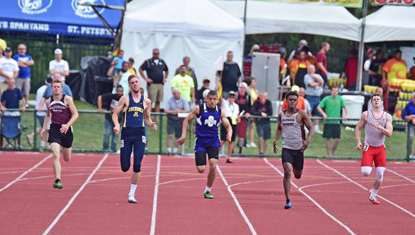 Chesapeake Panthers’ sophomore sprinter Cecil Fletcher (3rd from left) races to a fourth place finish in the 400-meter dash in the Division III state track and field meet on Saturday. (Kent Sanborn of Southern Ohio Sports Photos)