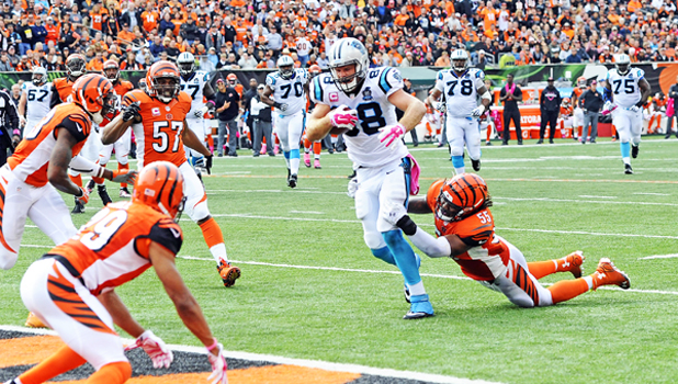 Cincinnati Bengals’ linebacker Vontaze Burfict (55) brings down Carolina Panthers’ tight end Greg Olsen (88). Burfict will miss the first three games of the season due to a suspension during the team’s playoff loss to Pittsburgh. (David T. Foster, III/Charlotte Observer/MCT)