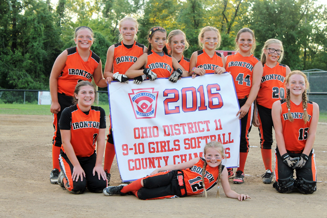 Photo SUBMITTED The Ironton girls’ softball 9-10-year-old All-Stars went unbeaten in the District 11 Lawrence County tournament to claim the championship. Ironton beat Fairland 16-4, Symmes Valley 16-1, South Point 2-0 and then South Point again 3-2. Team members are: front row left to right, Riley Daniels, Addison Philabaun and Olivia Duncan; standing left to right, Ava Weber, Kirsten Williams, Braylin Wallace, Emily Weber, Kiarah Cox, Katelynn Moore and Brae-Leigh Thomas. The team was managed by T.J. Weber.