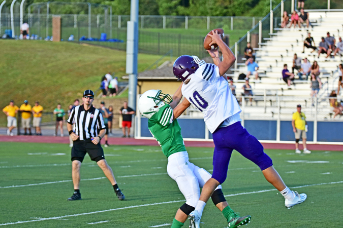 Chesapeake Panthers’ wide receiver Austin Browning (10) goes up in the air to make a catch during the Ohio Valley Conference previews. The Panthers open the regular season at Oak Hill on Friday. (Kent Sanborn of Southern Ohio Sports Photos)