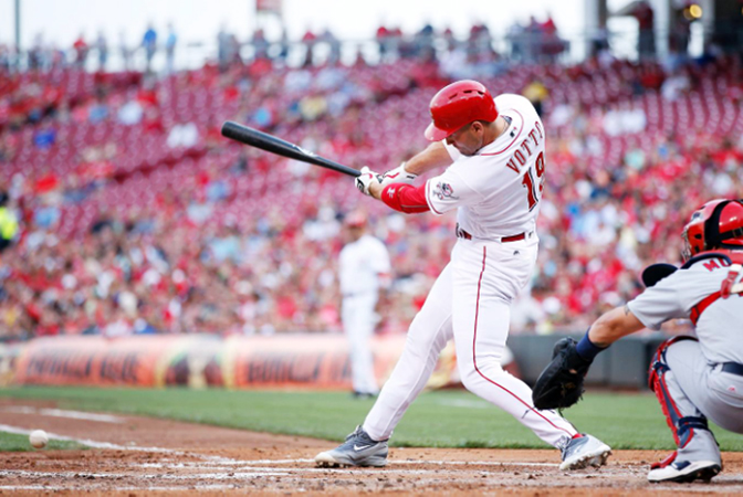 Cincinnati Reds’ first baseman Joey Votto had an RBI single in the first inning that extended his batting streak to a career-high 17 games on Wednesday. Despite Votto’s efforts, the Reds lost to the St. Louis Cardinals 5-4. (Photo Courtesy of The Cincinnati Reds.com/Joe Robbins — Gettys Images)