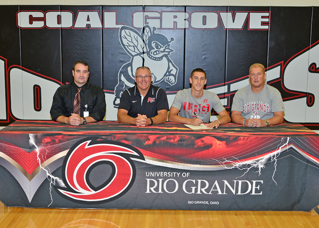 Coal Grove Hornets’ senior baseball standout Chase McKnight signed a letter-of-intent Wednesday to play at the University of Rio Grande. Attending the ceremony were, from left to right, Hornets’ head coach Dean Mader, Rio Grande coach Brad Warnimont, Chase and father Kyle McKnight. (Kent Sanborn of Southern Ohio Sports Photos)