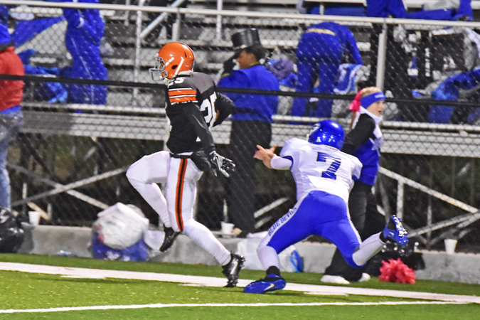 Ironton Fighting Tigers’ defensive back Jourdyn Barrow scoots down the sideline on a 49-yard interception return for a touchdown in a 49-0 win over Gallipolis. (Kent Sanborn of Southern Ohio Sports Photos)