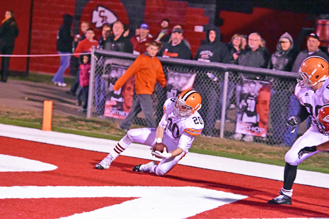 Ironton’s Eli Willis (20) makes an excellent catch for a two-point conversion during Saturday's Division V Region 19 quarterfinal playoff game. The Fighting Tigers lost to Coshocton 34-11. (Kent Sanborn of Southern Ohio Sports Photos)