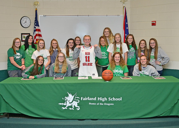 Fairland Lady Dragons’ senior guard Issy McKinney signed a letter-of-intent on Monday to play basketball at the University of Rio Grande. McKinney holds up her Rio Grande jersey while being surrounded by her basketball teammates as they helped celebrate the milestone. (Kent Sanborn of Southern Ohio Sports Photos)